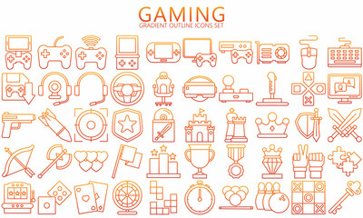Simple Set of Games gradient outline Icons. Contains such Icons as Joystick, Console, Virtual Reality, and more. Used for web, UI,UX kit and applications. vector eps 10 ready convert to SVG.