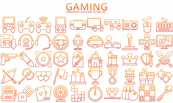 Simple Set of Games gradient outline Icons. Contains such Icons as Joystick, Console, Virtual Reality, and more. Used for web, UI,UX kit and applications. vector eps 10 ready convert to SVG. © arga muria