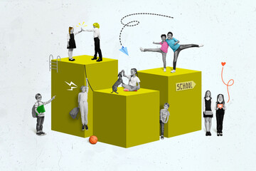 Composite collage image of group company kids studying school black white colors