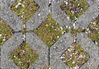 open lattice pattern concrete pavers, with natural grass growing in between the stones, preventing soil erosion and allowing rainwater to permeate, nice graphic background