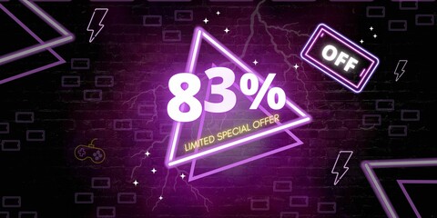 83% off limited special offer. Banner with eighty three percent discount on a black background with purple triangles neon