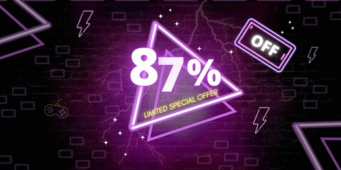 87% off limited special offer. Banner with eighty seven percent discount on a black background with purple triangles neon