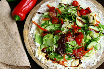 Prita salad. Healthy food Green salad in pita bread.