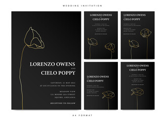 Minimalist wedding invitation template with poppy flower. Luxury wedding invitation