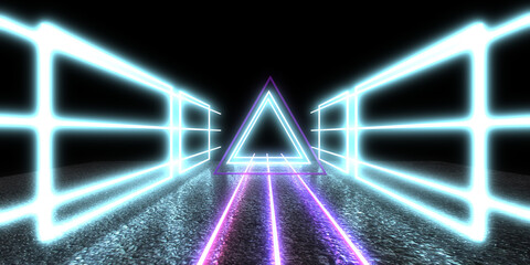 3D abstract background with neon lights. neon tunnel  .space construction . .3d illustration