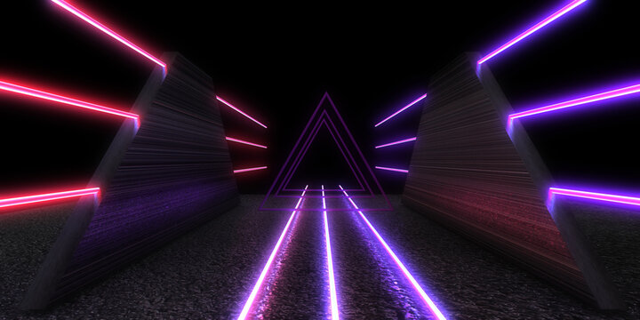 3D abstract background with neon lights. neon tunnel .space construction . .3d illustration © andrii