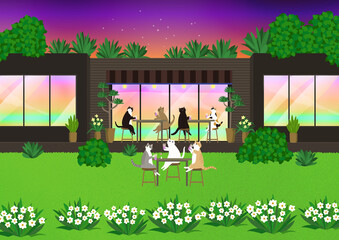 夕日を見ながらドリンクを飲む猫　窓に映る夕暮れの空　7匹の猫のサンセットカフェ　