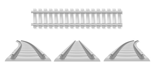 Realistic railway set vector illustration. Collection metallic train track. Industrial tram line
