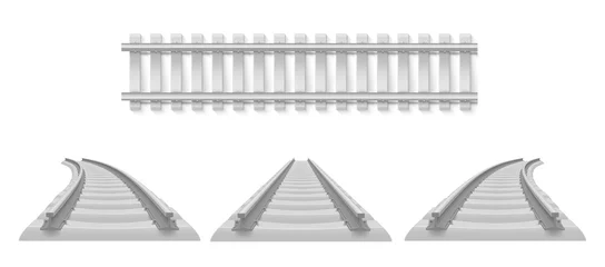 Foto op Plexiglas Realistic railway set vector illustration. Collection metallic train track. Industrial tram line © Vikivector
