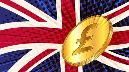 Great Britain pound gold coin with GBP currency sign and the colored flag of England on background. Currency by Central Bank of United Kingdom.