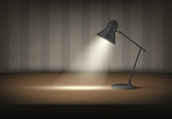 Table home office lamp on wooden desk lighting at darkness room interior realistic template vector