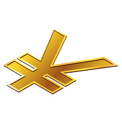 Yuan CNY Chinese currency golden sign in isometric top view isolated on white background. Currency by the Central Bank of China.