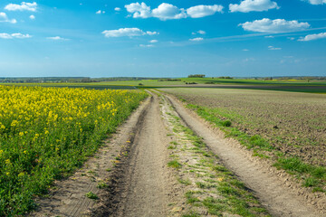 Fototapeta na wymiar A landscape of spring fields with a rural road in eastern Poland