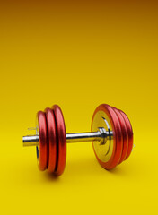 A big red dumbbell on a yellow background, sports and fitness concept with space for your text or product, 3d rendering