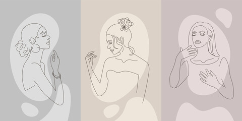 Vector minimalist female portrait. Elegant vector fashion illustration in a linear style. For social media stories, beauty logos, posters, cards, t-shirt printing