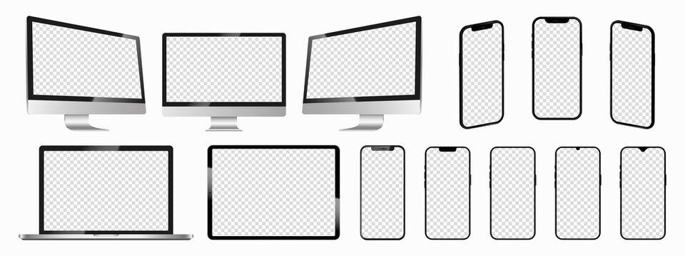 Realistic mock up set computer, laptop, tablet and phone. Device screen mockup collection. Mock up computer, laptop, tablet, phone. Vector illustration EPS 10