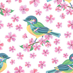 Seamless vector pattern of titmouse and sakura flowers. Decoration print for wrapping, wallpaper, fabric, textile. Spring background.  