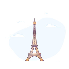 Paris city line style illustration. Famous Eiffel tower in Paris, France. Architecture city symbol of France. Outline color building vector illustration. Sky clouds on background. Travel and tourism