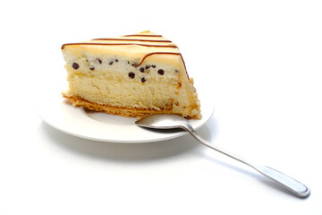 seductively appetizing piece of biscuit cake with chocolate, cream, marzipan on white plate, isolated background, calorie sweets concept, unhealthy food, homemade baking for wallpaper