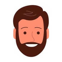 Portrait of a cheerful young man with a happy smile. Barber salon. Face with beard. Flat vector illustration of a male head. Isolated on white background