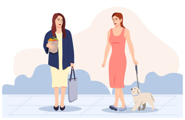 woman walking with dog and woman holding a bag of fruit talk together, social,  modern vector illustration concept.