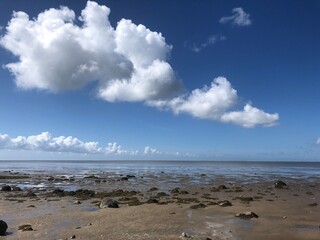 Marshland at low tide wirh blue skye and clouds