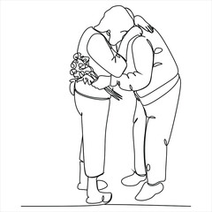 Elderly couple in continuous line art drawing style. Senior man and woman walking together holding hands. Minimalist black linear sketch isolated on white background. Vector illustration
