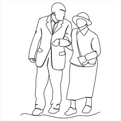 Elderly couple in continuous line art drawing style. Senior man and woman walking together holding hands. Minimalist black linear sketch isolated on white background. Vector illustration
