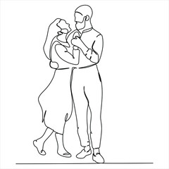 Elderly couple in continuous line art drawing style. Senior man and woman walking together holding hands. Minimalist black linear sketch isolated on white background. Vector illustration
