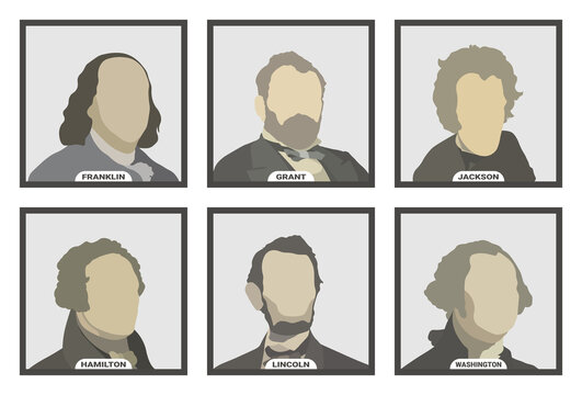 Benjamin Franklin, Ulysses S. Grant, Andrew Jackson, Alexander Hamilton, Abraham Lincoln and George Washington, politicians and Presidents of the United States of America. Stylized vector portraits