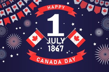 Happy canada day banner, canadian flags and date 1 july 1867 on blue background  with fireworks - obrazy, fototapety, plakaty