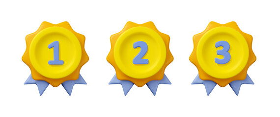 3d medal first, second, third place icon. Winner award certificate. Vector champion prize badge render illustration isolated on a white background