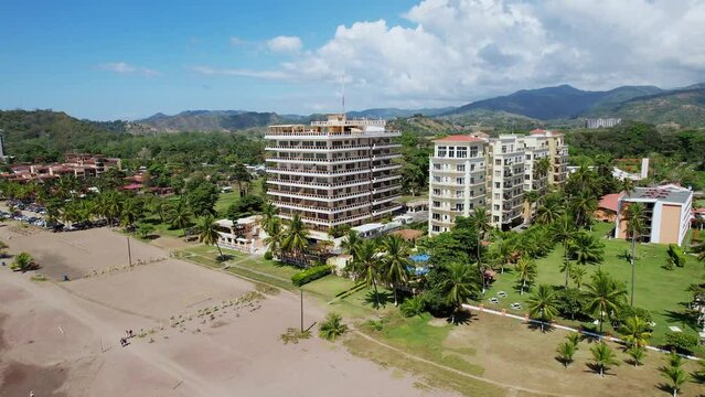 Aerial footage of the beach on a sunny day, from a hotel in Costa Rica, Aerial drone images, Beach Jaco, Puntarenas, Costa Rica, Jim Up
