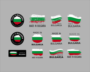 Set of stickers. Made in Bulgaria. Brush strokes shaped with Bulgarian flag. Factory, manufacturing and production country concept. Design element for label and packaging. Vector illustration.