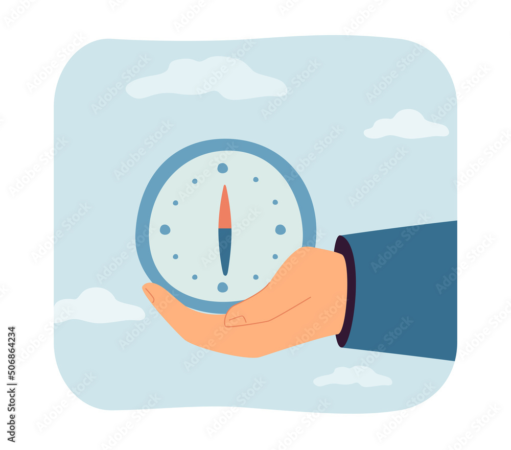Poster hand holding compass for navigating. man using old navigation equipment with magnet for orienteering