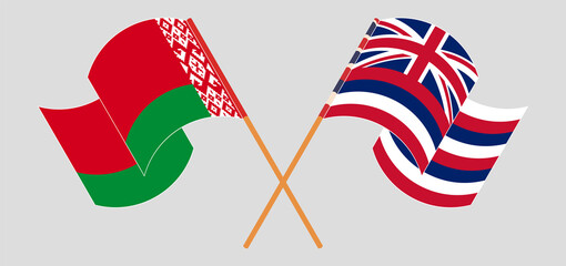 Crossed and waving flags of Belarus and The State Of Hawaii