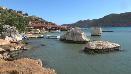 Kalekoy, Simena, Turkey - 17th of October 2021: 4K Simena seaside one windy autumn day
