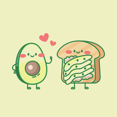Cute avocado and sandwich characters. Cartoon vector isolated illustration