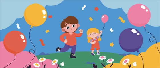 Obraz na płótnie Canvas Boy and girl with balloons. Vector illustration for the design of kindergartens and schools