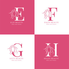 Minimalist and elegant hand drawn letters with woman silhouette E to H salon or skincare logo