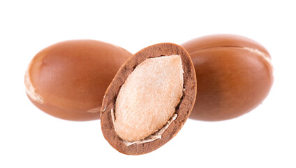 Argan seeds isolated on white background. Natural argan nuts from Morocco. Argania. Close up.