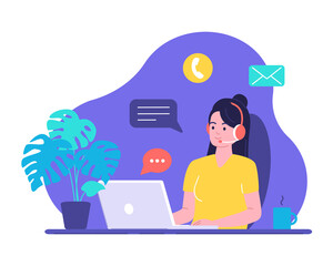 Woman works on laptop, communicates with customers through headset and responds to messages. Online consultant, working from home, solving everyday problems with clients.Vector illustration