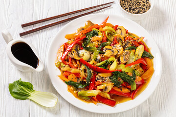 Stir Fry Vegetables on white plate, top view