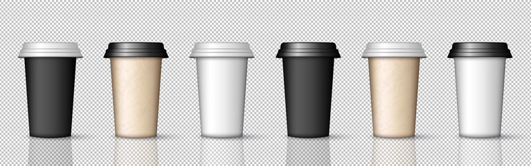 Set of three dimensional paper coffee cups with lids for hot drinks - latte, cappuccino, espresso, tea, mocha. Realistic containers template. Take away concept.