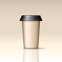 Mockup of brown paper coffee cup with lid for take away. 3D realistic cup template for logo design. Paper mug for hot drinks. Take out concept.