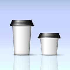 Mockup of two white paper coffee cups with black lids. Big and small plastic cups for hot drinks. 3D realistic coffee cups template for logo design.