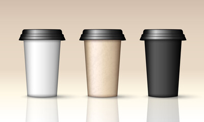 Three coffee cups with black lids mockup. White, brown and black paper cups for hot drinks. Carton mug template.