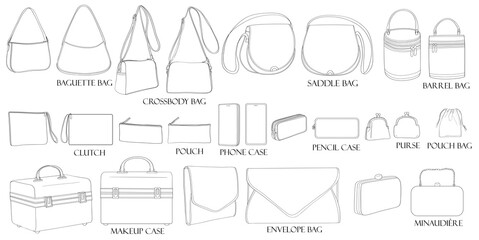 Types of bags. Baguette, crossbody, envelope, barrel, minaudière, saddle, clutch, purse, makeup case, pencil case, phone case, duffle bag, pouch. A set of stylish bags isolated on a white background. 