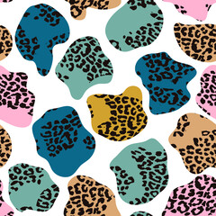 Modern seamless pattern with leopard print and hand-drawn details.Abstract background for paper, wallpaper, cover, fabric and other users. Vector illustration