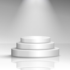 Realistic white scene with bright lightning. Round podium stairs. 3d rendering vector cylinder podium with spotlights for product presentation. 3D display product scene, platform mock up
